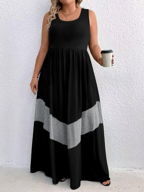  Colorblock Scoop Neck Loungewear Dress, Casual Sleeveless Long Dress for Spring & Fall, Women's Sleepwear for Indoor Wear