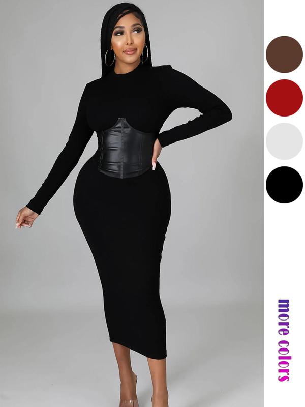 Christmas Deals, Women's Corset Zipper Back Bodycon Dress, Casual Long Sleeve Stand Collar Dress for Daily Wear, Women's Clothing for Fall & Winter, Christmas 2024 Trend, Fall & Winter Clothes