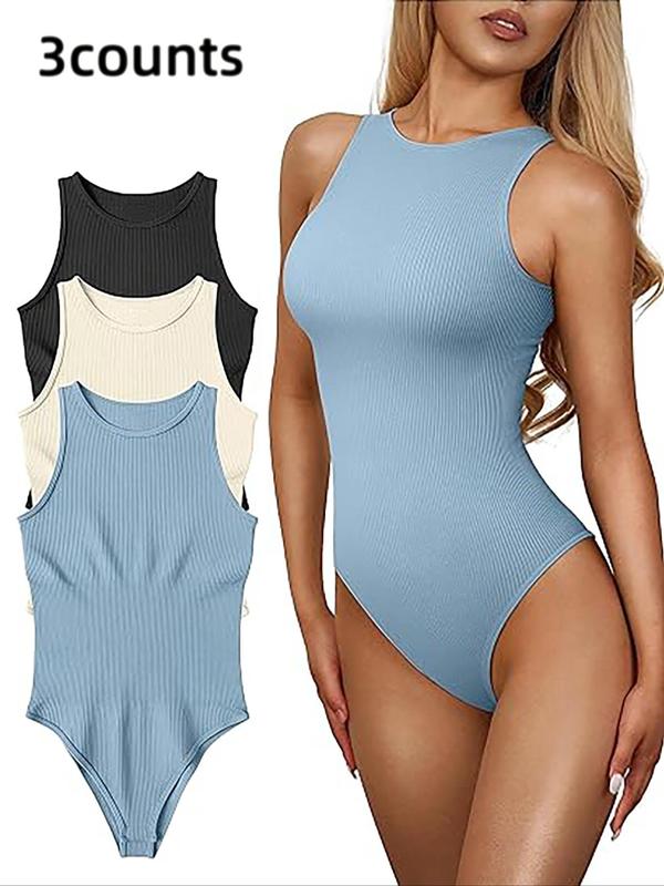 Women's Solid Round Neck Sports Bodysuit, Breathable Comfortable Sleeveless Tank Bodysuit for Yoga Gym Workout, Bodysuits for Women, Ladies Sportswear for All Seasons, Sports Onesies Outfits, Gym Clothing, Tummy Control Bodysuit