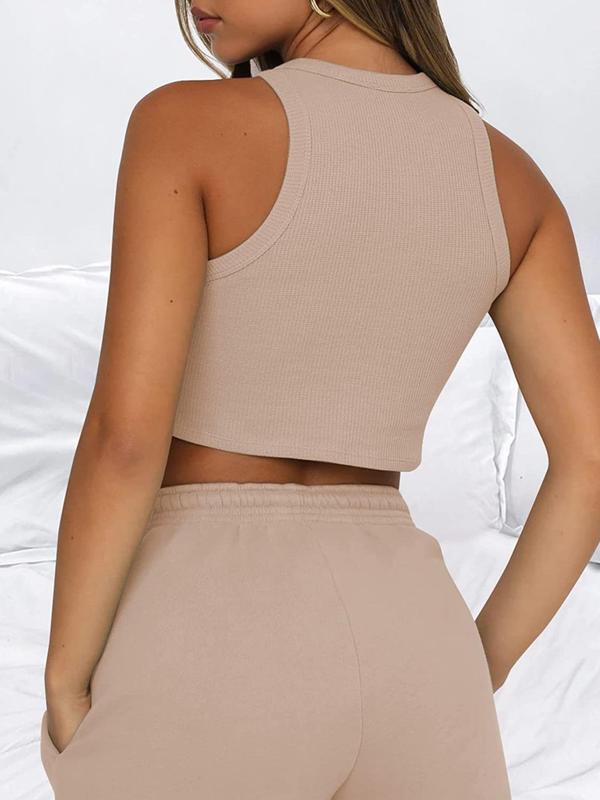 Two-piece Set Women's Solid Waffle Textured Shorts Two-piece Set, Round Neck Crop Tank Top & Drawstring Pocket Shorts, Two Piece Sets Summer, Ladies Clothes for All Seasons, Gym Clothing