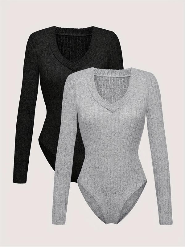 Women's Solid V Neck Long Sleeve Bodysuit, Casual Comfy Bodysuit for Fall & Winter, Ladies Clothes for Daily Wear