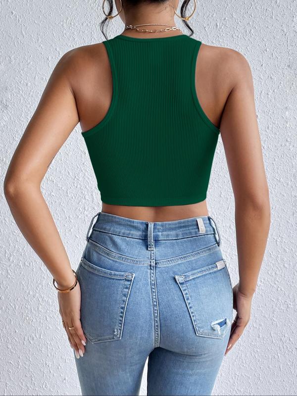 Women's Plain Round Neck Crop Tank Top without Necklace, Casual Sleeveless Ribbed Top for Summer, Women's Clothing for Daily Wear, Going Out Outfits 2024, Downtown Girl Clothes