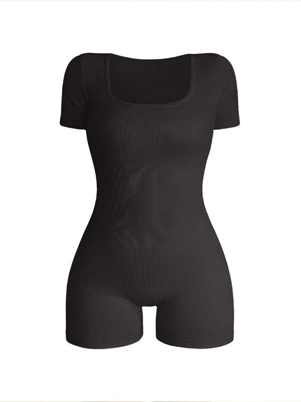 Women's Solid Short Sleeve Sports Bodysuit, Casual Sporty Square Neck Bodycon Bodysuit For Yoga Gym Workout, Ladies Sportswear For All Seasons, Tummy Control