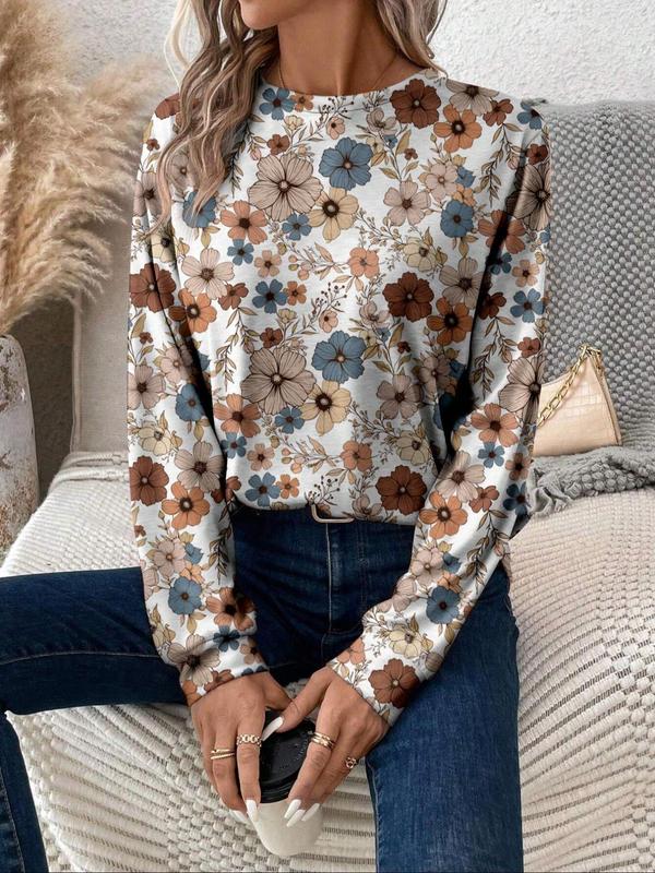 Women's Ditsy Floral Print Long Sleeve Tee, Fashion Casual Round Neck T-shirt for Fall & Winter, Women's Top for Daily Wear