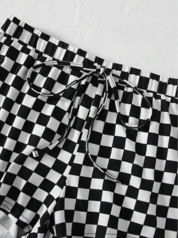 Women's All Over Checkerboard Print Drawstring Waist Shorts, Casual High Waist Straight Leg Shorts for Summer, Fashion Women's Bottoms for Daily Wear