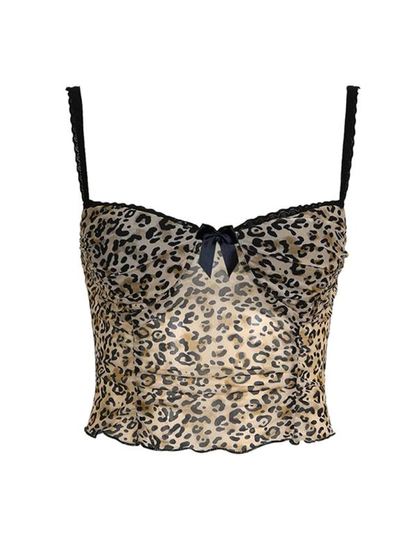 Women's Leopard Print Contrast Lace Vintage Crop Cami Top, Fashion Lettuce Trim Bow Front Camisole, Summer Clothes Top for Daily Wear