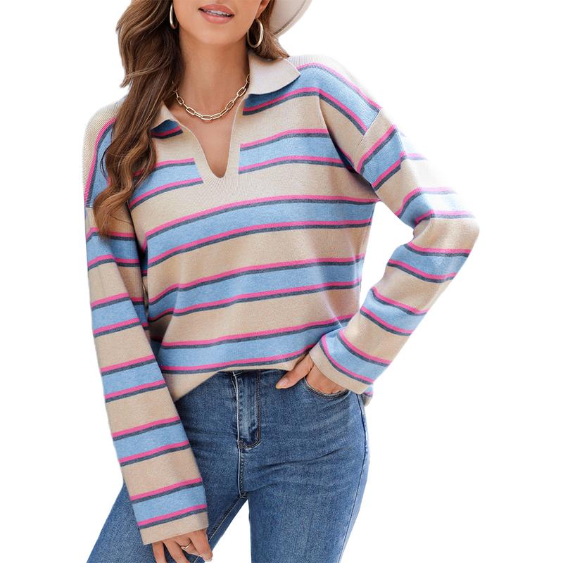 EVALESS Sweater for Women Long Sleeve V Neck Striped Knit Drop Shoulder Jumper Pullover Sweater 2024 Fall Fashion Outfits Clothing Knitwear Womenswear