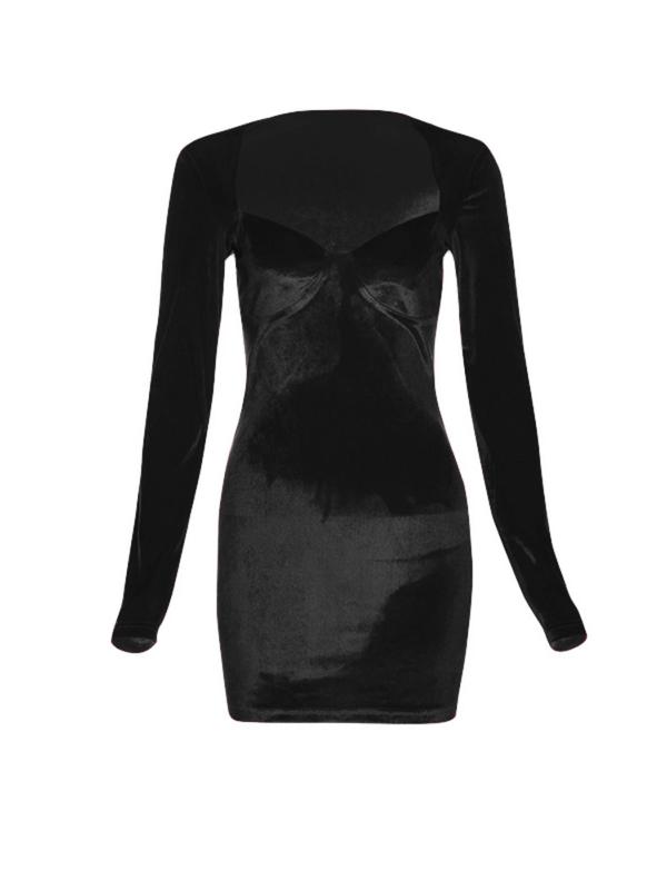 Christmas Deals, Women's Solid Color Velvet Bodycon Dress, Elegant Sweetheart Neck Long Sleeve Short Dress for Party Club Dating Wear, Women's Clothing for Spring & Fall, Christmas 2024 Trend, Fall & Winter Clothes