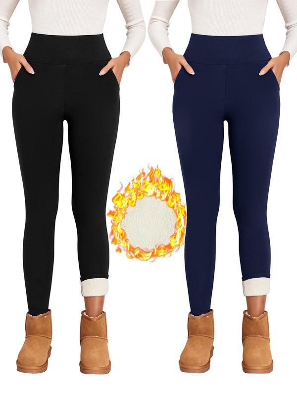 Plain Pocket High Waist Thermal Lined Leggings for Women, Casual Comfy Warm Skinny Yoga Pants for Daily Wear,  Leggings for Women, Ladies Bottoms for Fall, Tummy Control Legging, Women's Clothing