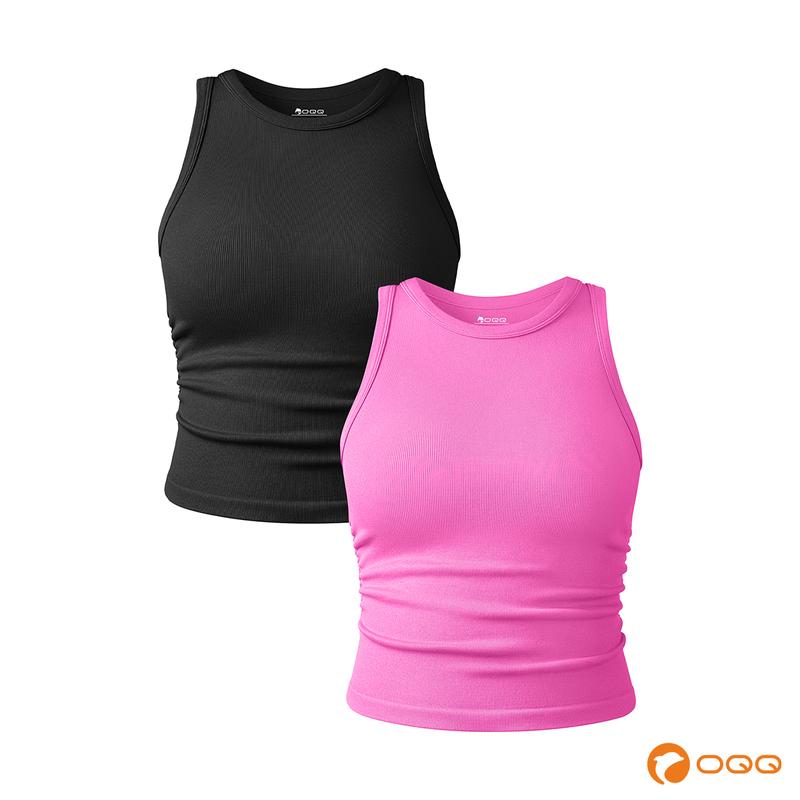 OQQfitness Womenswear Two Pieces Womenswear Sleeveless Ruched Stretch Round Neck Fitted Tops