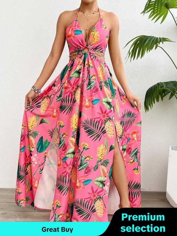 Women's Floral Print Chain Decor Split Thigh Tie Back Cami Dress, Fall Outfits, Summer Dresses 2024 for Lady, Back To School Outfits, Elegant Ring Linked Halter Backless Maxi Dress for Beach Holiday Vacation, Ladies Summer Clothes