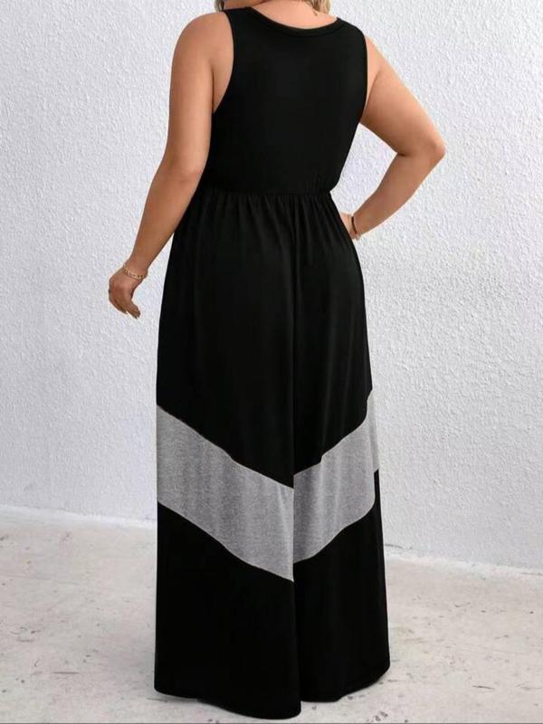  Colorblock Scoop Neck Loungewear Dress, Casual Sleeveless Long Dress for Spring & Fall, Women's Sleepwear for Indoor Wear