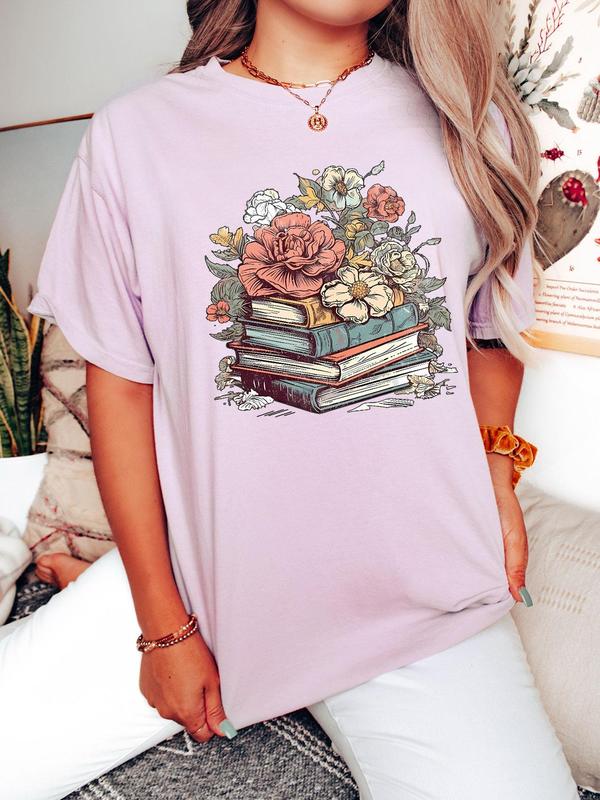 Women's Cartoon Floral & Books Print Round Neck Tee, Fashion Casual Short Sleeve T-shirt, Ladies Summer Clothes for Daily Wear