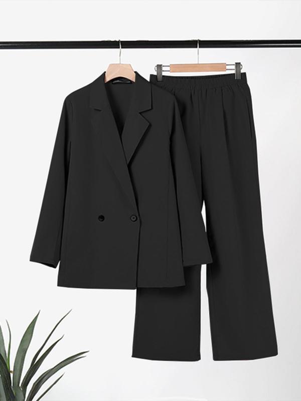 Women's Solid Double Button Lapel Neck Blazer & Pocket Pants Two-piece Set, Elegant Fashion Casual Two Piece Outfits for Work Office Business, Ladies Fall & Winter Clothes