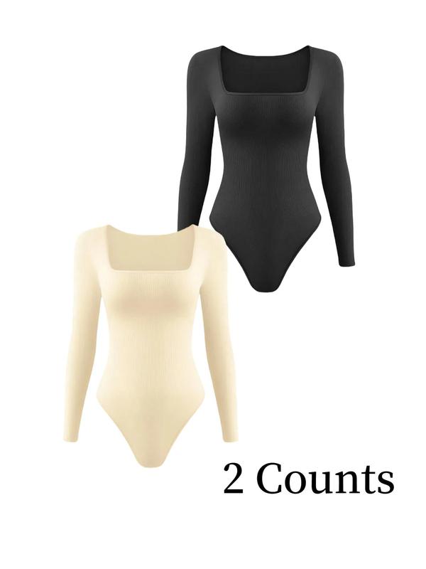 Women's Solid Square Neck Long Sleeve Shapewear Bodysuit, Casual Comfy Tummy Control Shaper for Daily Wear, Ladies Shapewear for All Seasons Longsleeves