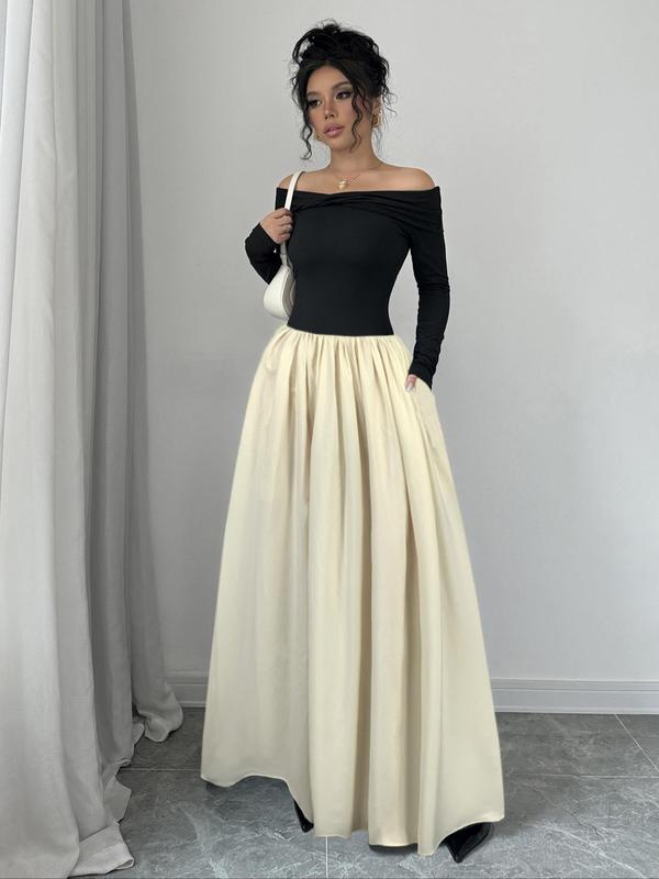 Women's Plain Off Shoulder Pocket Skirt, Elegant Solid Color Long Sleeve Skirt for Party Holiday Wedding Guest, Ladies Fall & Winter Clothes