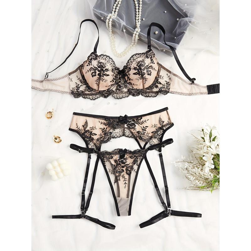 Floral Embroidery Bow Semi Sheer Lingerie Set, Intimates Bra & Thong & Garter Belt, Women's Sexy Lingerie & Underwear thong Fabric Womenswear Print Comfort Polyester Mesh Spaghetti Strap