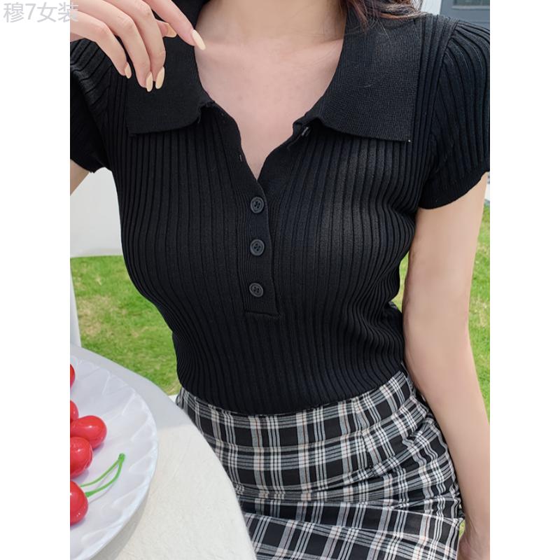 Ribbed Polo Collar Button Front T-Shirt, Casual Short Sleeve Top For Spring & Summer, Women's Clothing Fabric Womenswear