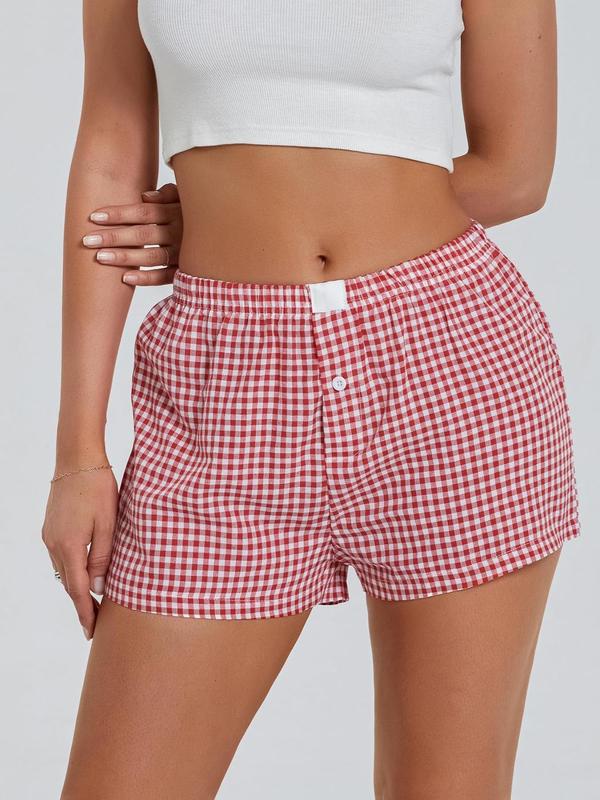 Women's Plaid Print Patched Button Shorts, Casual Comfy Elastic Waist Shorts for Daily Wear, Ladies Bottoms for All Seasons