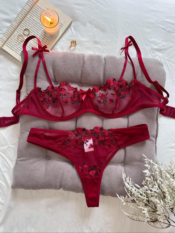 Women's Floral Embroidery Sheer Sexy Lingerie Set, Girly Clothes, Adjustable Strap Bow Decor Underwire Bra & Thong, Summer Wear 2024, Soft Comfy Breathable Lingerie Set, Women's 2 Piece Sets 2000s Wear