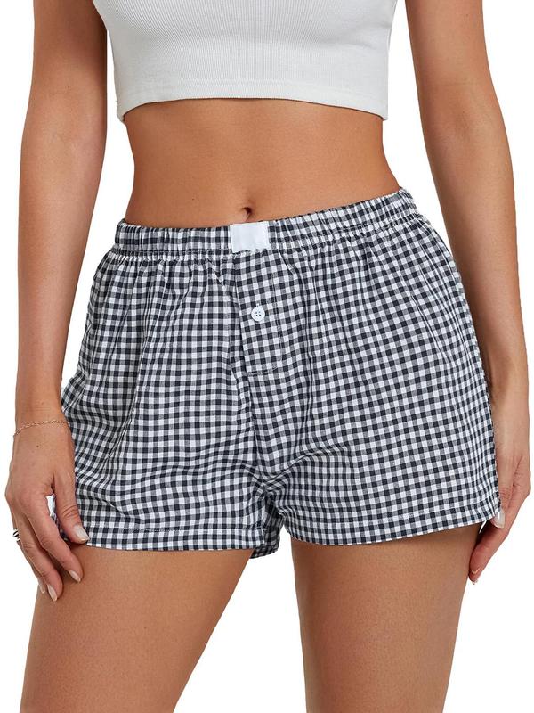 Women's Plaid Print Patched Button Shorts, Casual Comfy Elastic Waist Shorts for Daily Wear, Ladies Bottoms for All Seasons