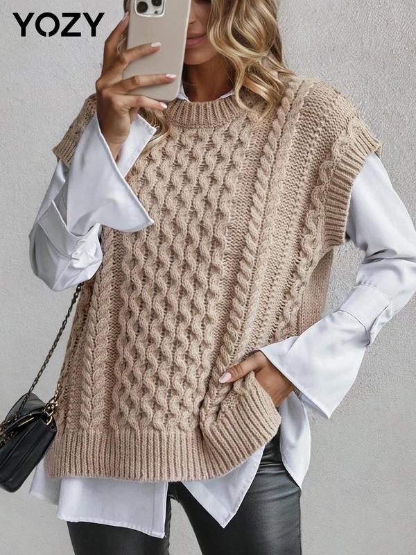 YOZY Women's Plain Split Hem Cable Knit Sweater Vest, Casual Batwing Sleeve Round Neck Jumper for Fall & Winter, Fashion Ladies' Knitwear for Daily Wear