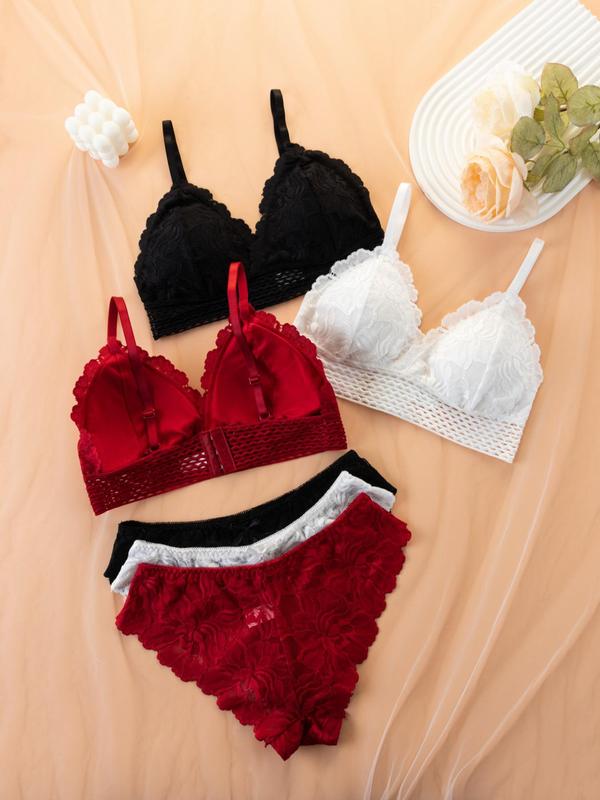 Women's Contrast Lace Bow Front Push Up Bra & Sheer Panty Set, Summer Underwear Set, Underwear for Women, Adjustable Strap Hollow Out Lingerie Set, Soft Comfy Breathable Underwear Set for Women