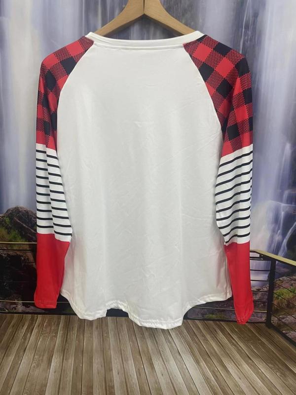  Plaid & Striped & Snowman Print Raglan Sleeve Tee, Casual Long Sleeve Round Neck T-shirt for Daily Wear, Women Clothing for All Seasons