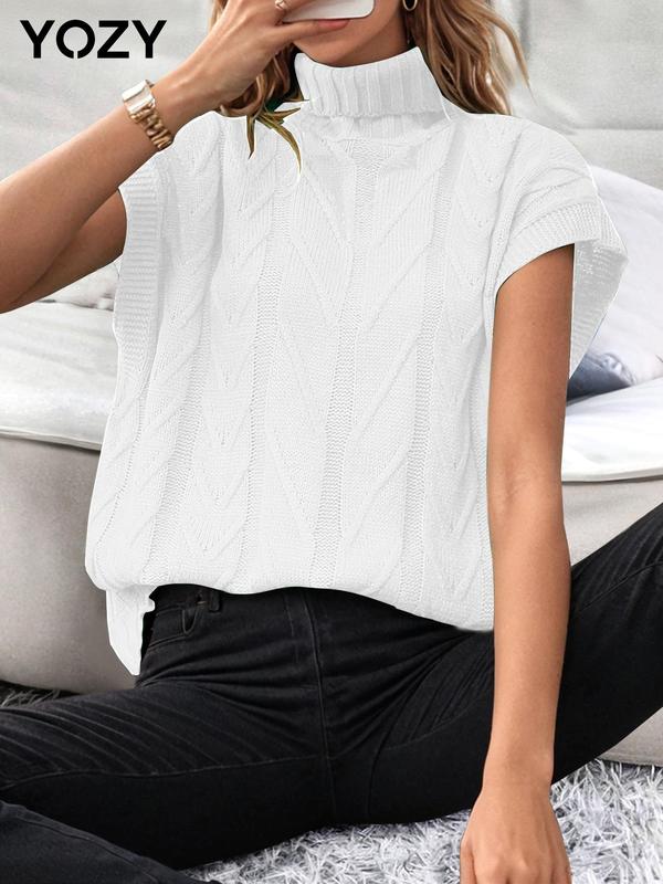 YOZY Christmas Deals, Women's Plain Batwing Sleeve Turtle Neck Cable Knit Top, Casual Short Sleeve Knitted Top for Fall & Winter, Women's Knitwear Clothes for Daily Wear, Christmas 2024 Trend, Fall & Winter Clothes