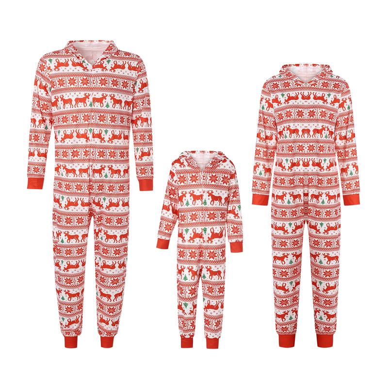 Matching Christmas Pajamas For Family, Long Sleeve Zip Up Hooded Jumpsuit for Adults and Kids