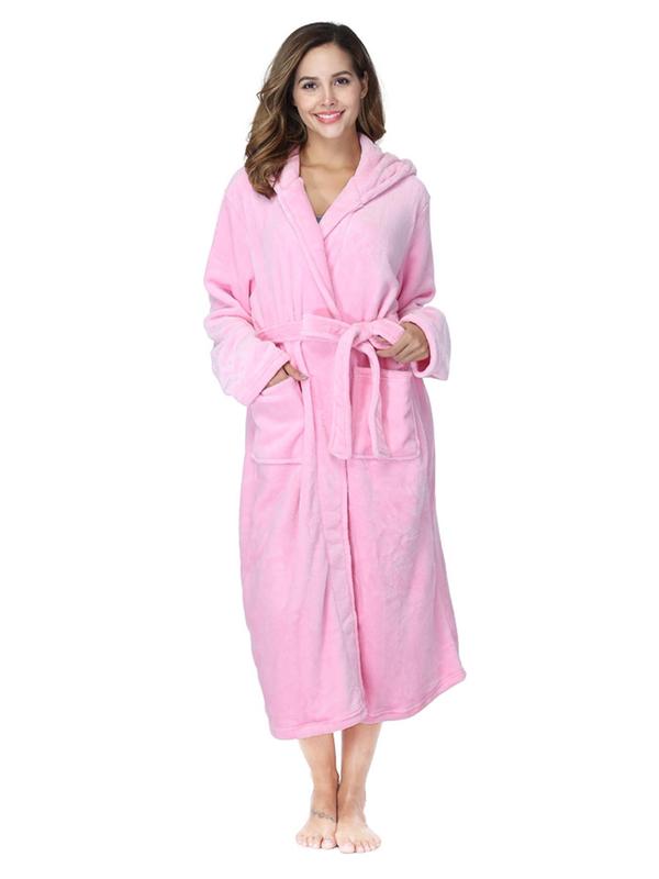 Women Solid Pocket Belted Hooded Robe, Girly Night Clothes, Casual Long Sleeve Fuzzy Dressing Gown for Daily Wear, Women Sleepwear for Fall Winter, Cold Weather Gear, Womenswear, Fall Wear, Fallfreshness, House Coat