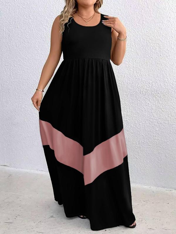  Colorblock Scoop Neck Loungewear Dress, Casual Sleeveless Long Dress for Spring & Fall, Women's Sleepwear for Indoor Wear