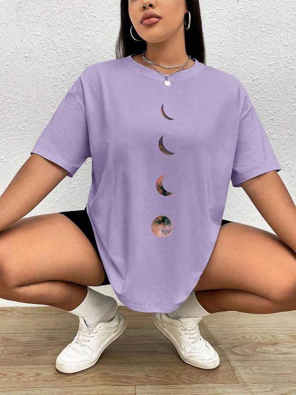 Women's Moon Print Round Neck Tee, Casual Half Sleeve Crew Neck T-shirt for Daily Wear, Tee Shirts for Lady, Summer Tops, Summer Clothes, Ladies Clothing for All Seasons, 90s Clothes