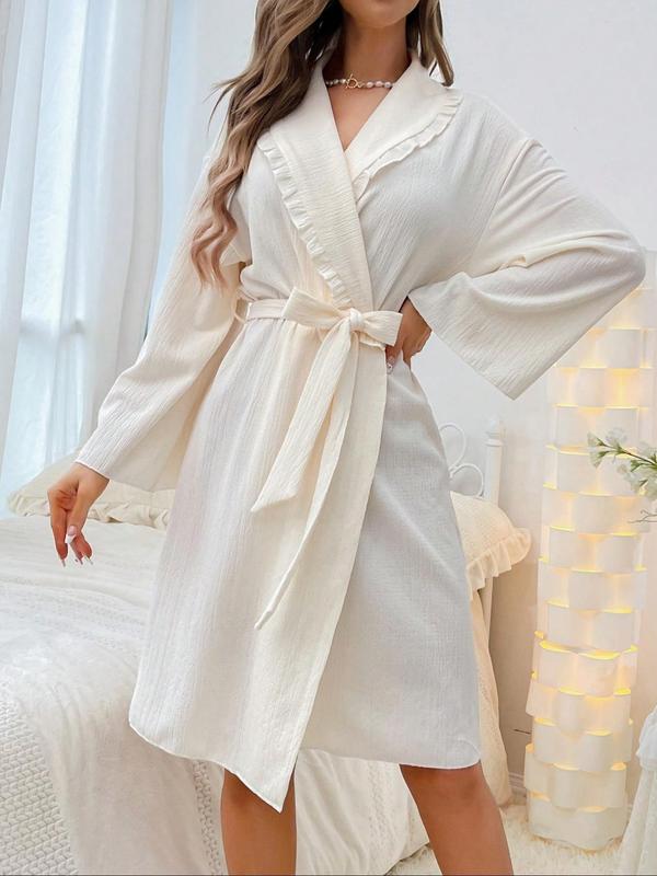 Women's Solid Textured  Belted Drop Shoulder Bathrobe, Casual Long Sleeve Shawl Collar Robe for Spring & Fall, Ladies Sleepwear for Indoor Wear