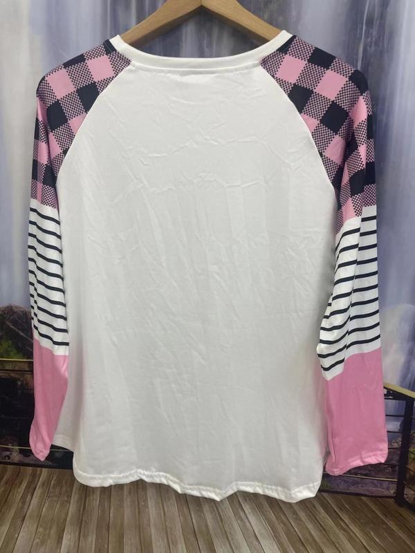  Plaid & Striped & Snowman Print Raglan Sleeve Tee, Casual Long Sleeve Round Neck T-shirt for Daily Wear, Women Clothing for All Seasons