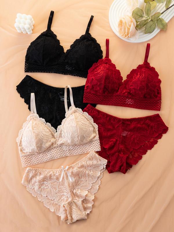 Women's Contrast Lace Bow Front Push Up Bra & Sheer Panty Set, Summer Underwear Set, Underwear for Women, Adjustable Strap Hollow Out Lingerie Set, Soft Comfy Breathable Underwear Set for Women