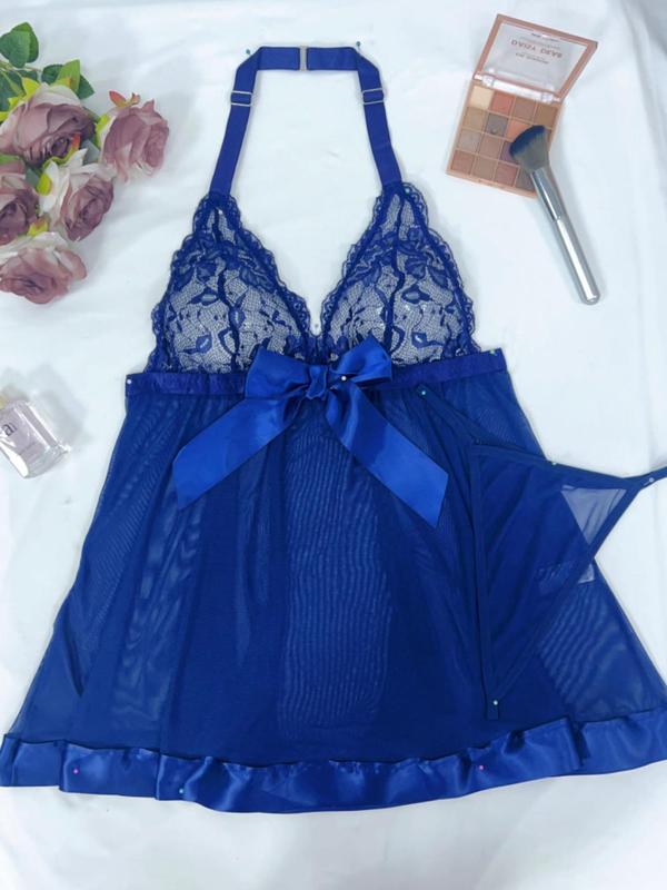  Contrast Lace Bow Front Halter Neck Sexy Costumes Two-piece Set, Adjustable Strap Sheer Cami Nightdress & Thong Set, Women's Sexy Lingerie Set for All Seasons