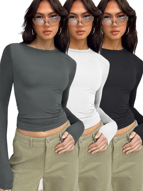 Women's Solid Thermal Underwear Top, Casual Comfy Warm Long Sleeve Round Neck Skinny Top for Fall & Winter, Women's Underwear for Daily Wear