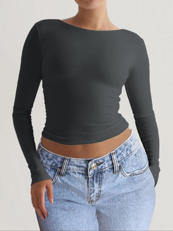 Women's Solid Backless Round Neck Crop Tee, Casual Long Sleeve T-shirt for Daily Wear, Ladies Clothes for All Seasons Downtown Girl Clothes Downtown Girl Clothes, Going out Tops 2000s