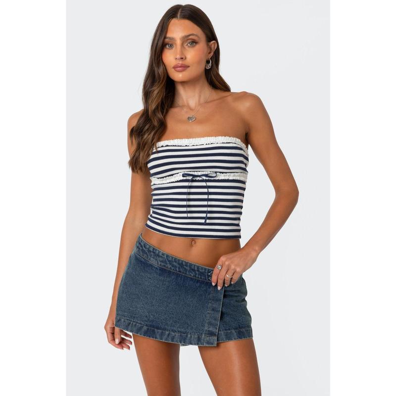 Striped Eyelet Trim Tube Top