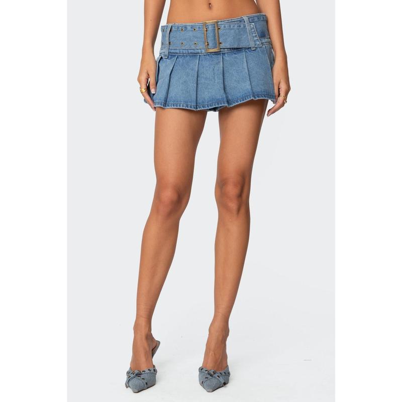 Denim Pleated Low Rise Micro Skort