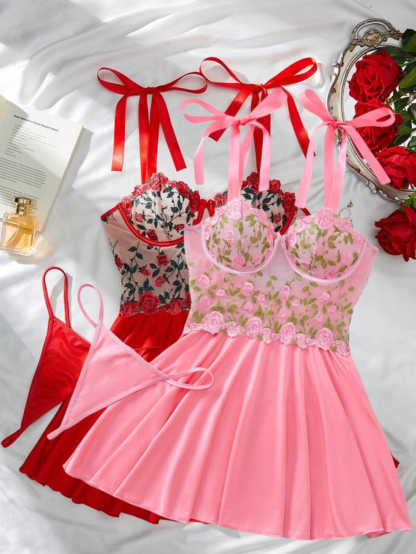 Women's Floral Appliques Contrast Lace Cami Nightdress & Thong Set, Soft Comfortable Nighty Dress & Panty Set, Sleepwear Set for Women