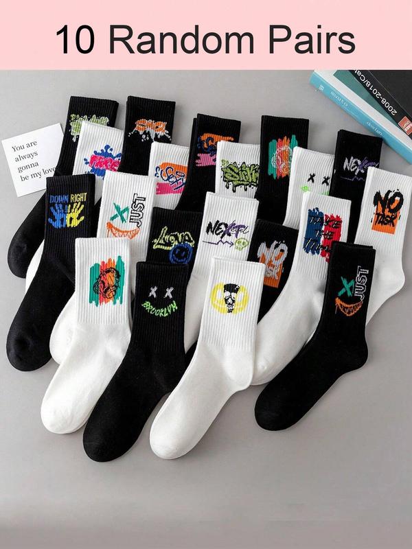 Random Cartoon & Letter Print Crew Socks, Casual Comfortable Breathable Socks, Multi-pack Mid Calf Socks for Daily Wear