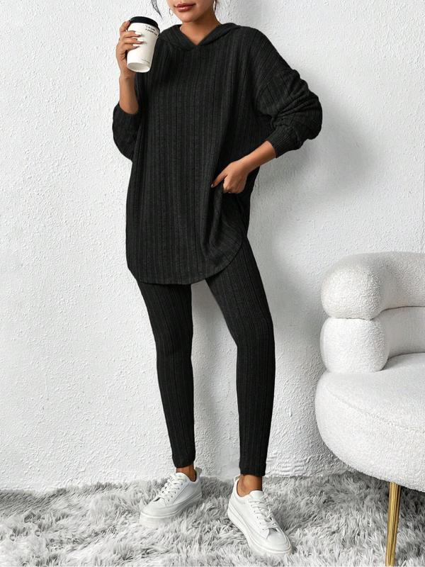 Women's Solid Ribbed Hooded Tee & Skinny Pants Two-piece Set, Casual Drop Shoulder Long Sleeve Top & Trousers for Spring & Fall, Women's Clothes for Daily Wear