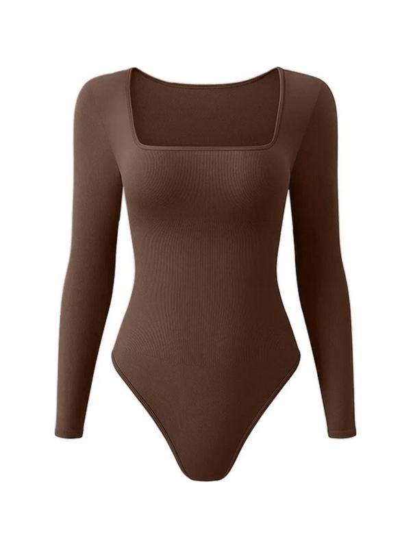 Women's Solid Square Neck Long Sleeve Shapewear Bodysuit, Casual Comfy Tummy Control Shaper for Daily Wear, Ladies Shapewear for All Seasons Longsleeves