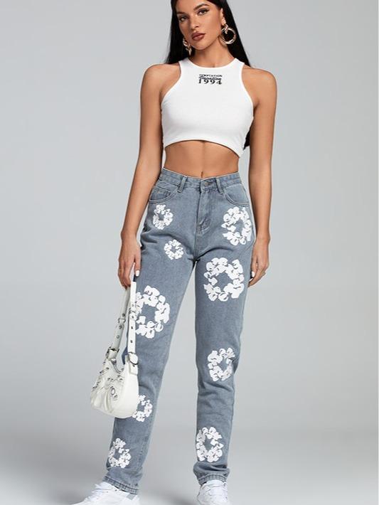 Daisy print high waisted straight Jeans Womenswear Bottom Denim Pants Casual Underwear Lady casual jean