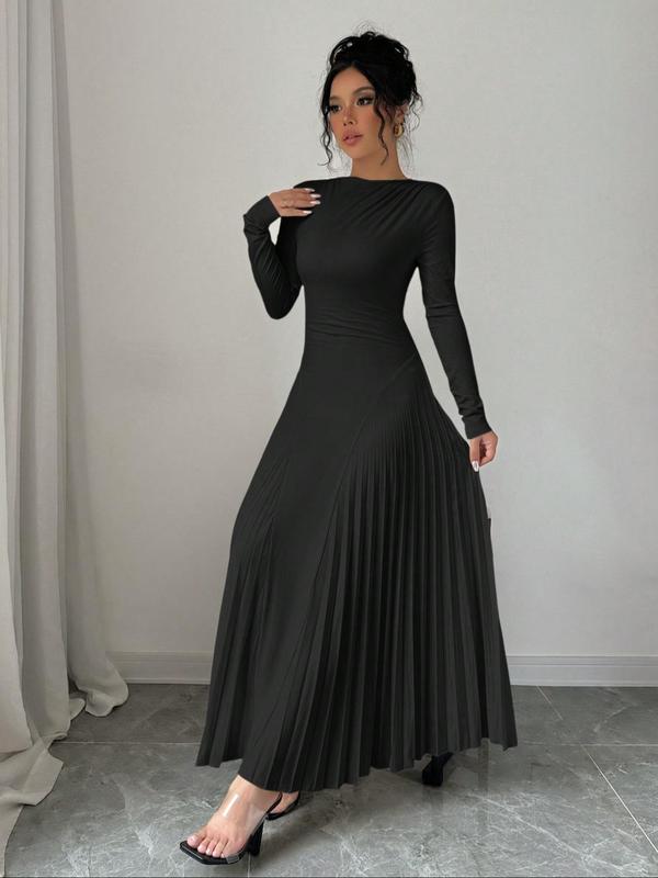 Women's Plain Ruched Pleated A Line Dress, Elegant Long Sleeve Boat Neck Long Dress for Party Holiday Wedding Guest, Ladies Fall & Winter Clothes