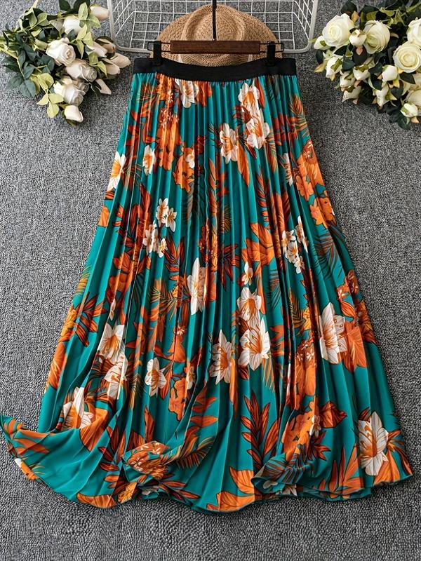 Women's Floral Print Pleated Skirt, Boho High Waist Long Skirt for Beach Holiday Vacation, Ladies All Seasons Clothes