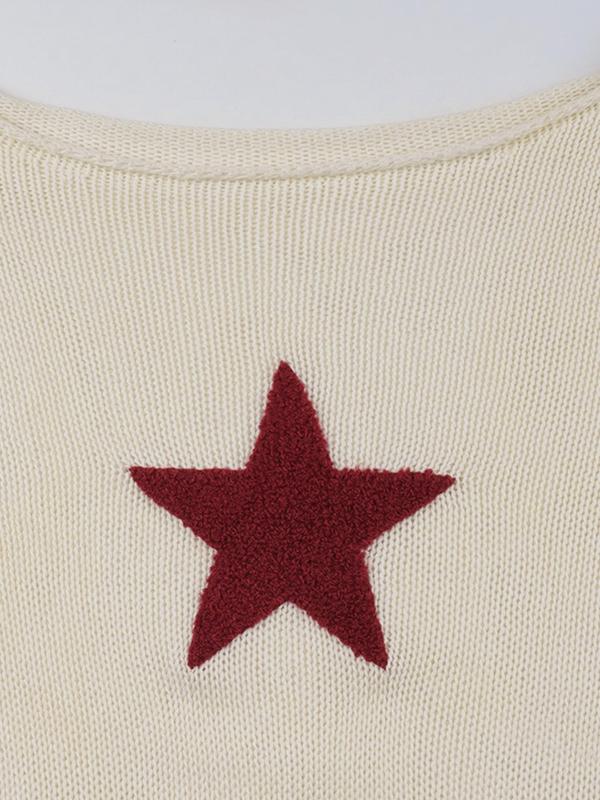 Women's Y2K Star Graphic Drop Shoulder Crop Sweater, Comfortable Womenswear for Lady, Cozy Sweaters, Extra-Long Sleeve Round Neck Jumper For Fall, Women's Knitwear Top, Please Purchase A Size Up, Fall Outfits, Fallfreshness Preppy 80S Clothes