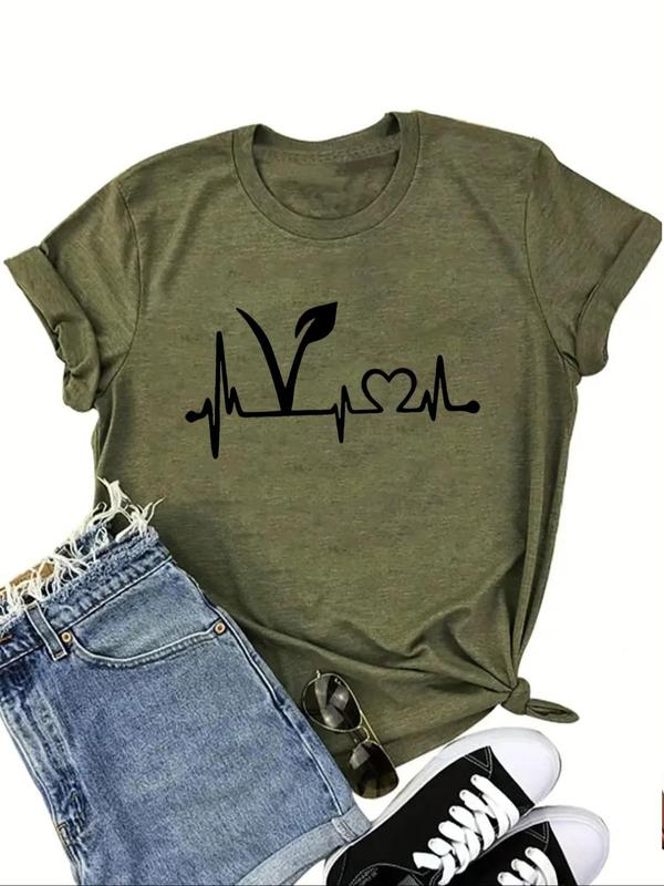 Women's Heart Print Round Neck Graphic Tee, Casual Short Sleeve Crew Neck T-Shirt for Summer, Fashion Women's Top for Daily Wear